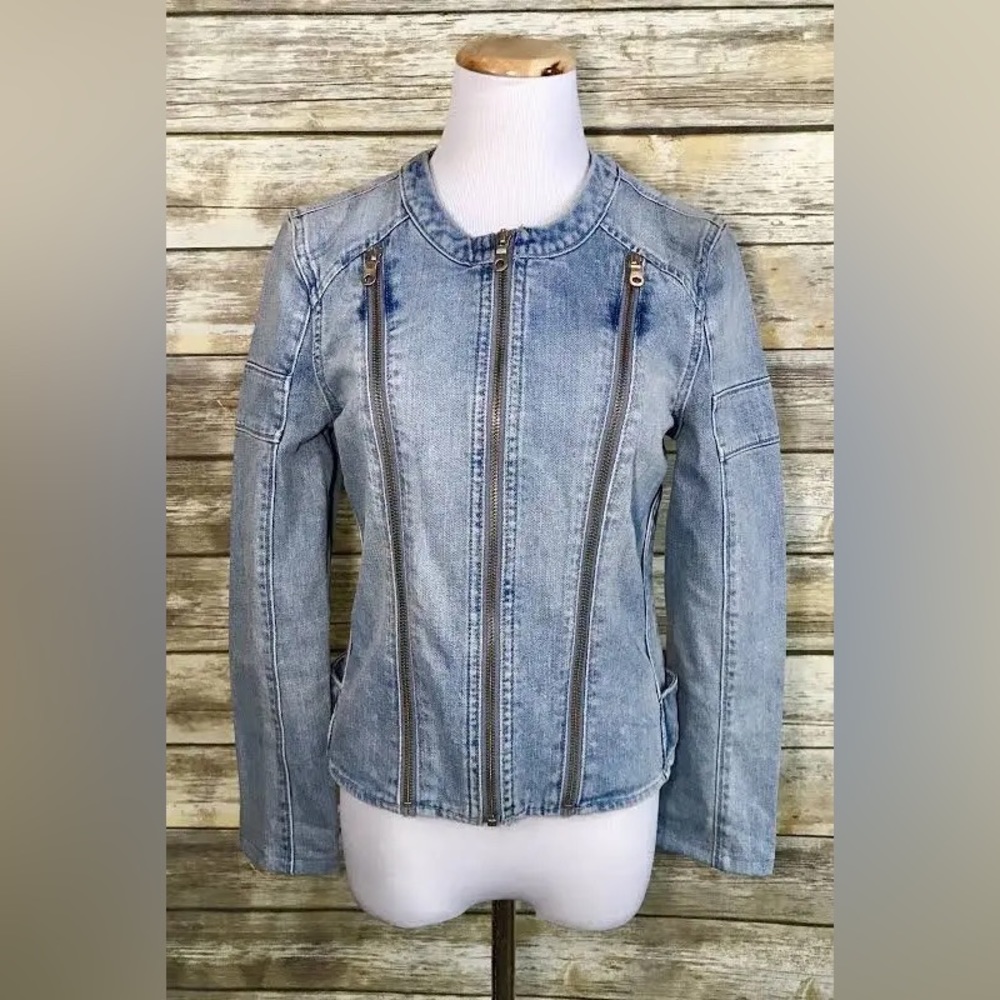 Paige Premium Denim Blue Jean Jacket Moto Zipper Collar Women's Medium